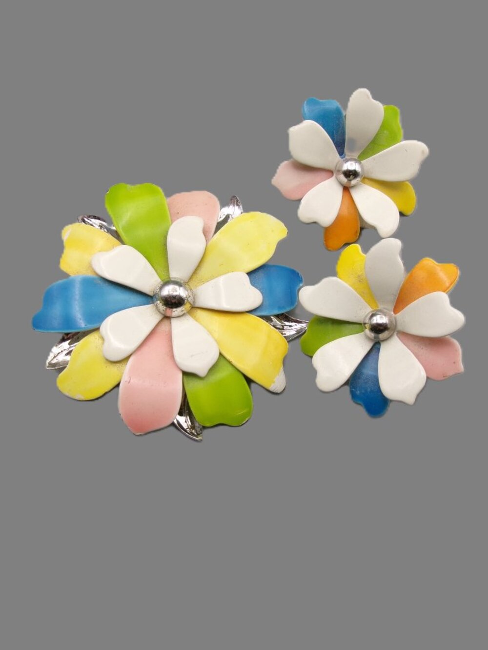 Sarah Coventry Pastel Petals Flower Brooch Earring Set, Colorful Enamel, Vintage